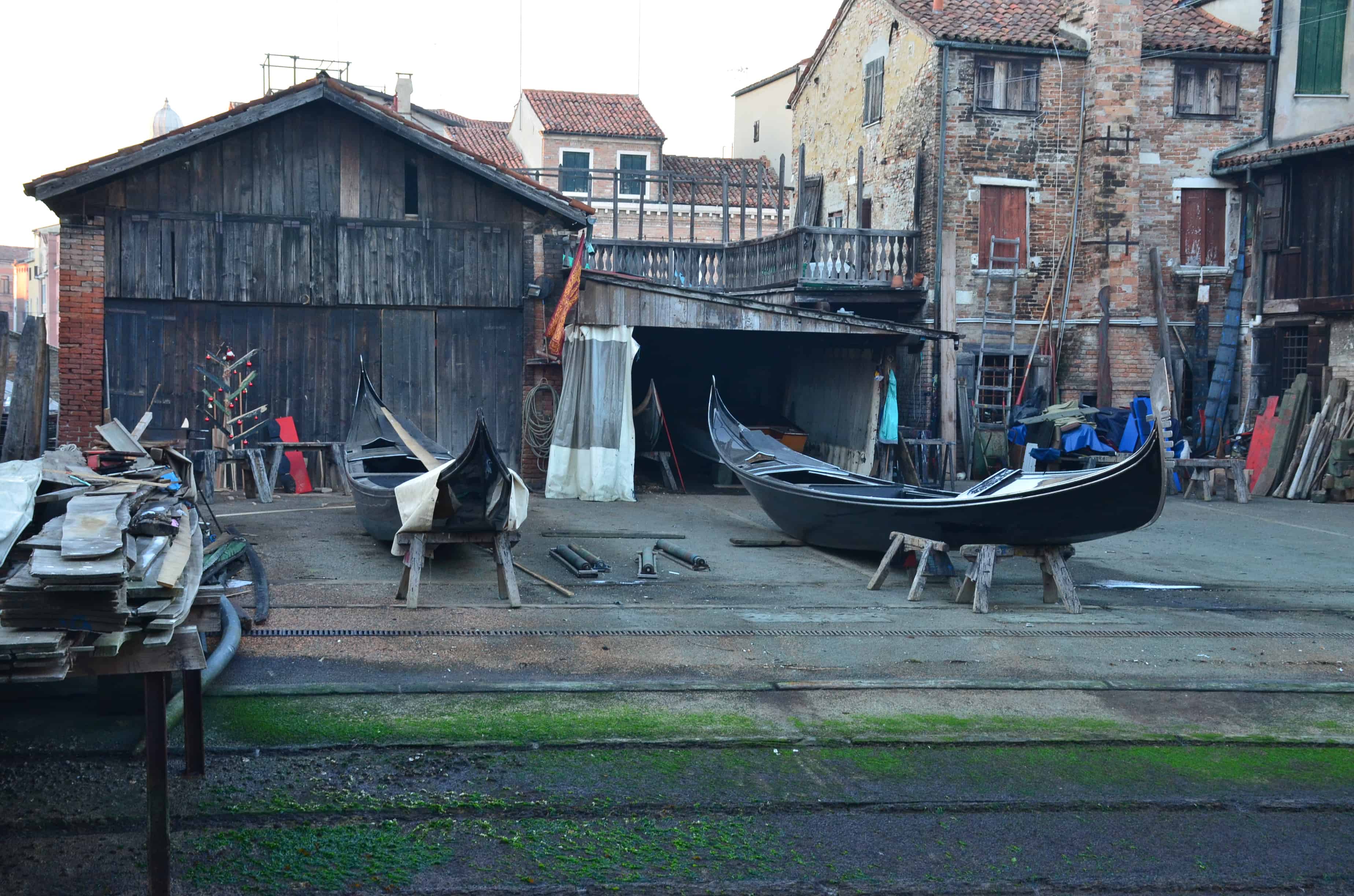 Gondolas being prepared at the San Trovaso Shipyard in Venice, Italy