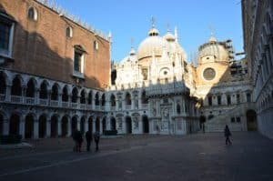 Courtyard: west wing (left) and Basilica di San Marco (right) at the Palazzo Ducale in Venice, Italy