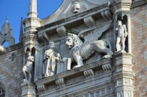 Doge Andrea Gritti kneeling before the Lion of Saint Mark on the balcony of the Palazzo Ducale in Venice, Italy