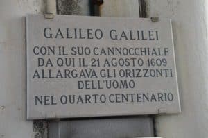 Galileo plaque on the Campanile di San Marco in Venice, Italy