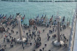 Columns of Saint Mark (left) and Saint Theodore (right) from the Campanile di San Marco in Venice, Italy