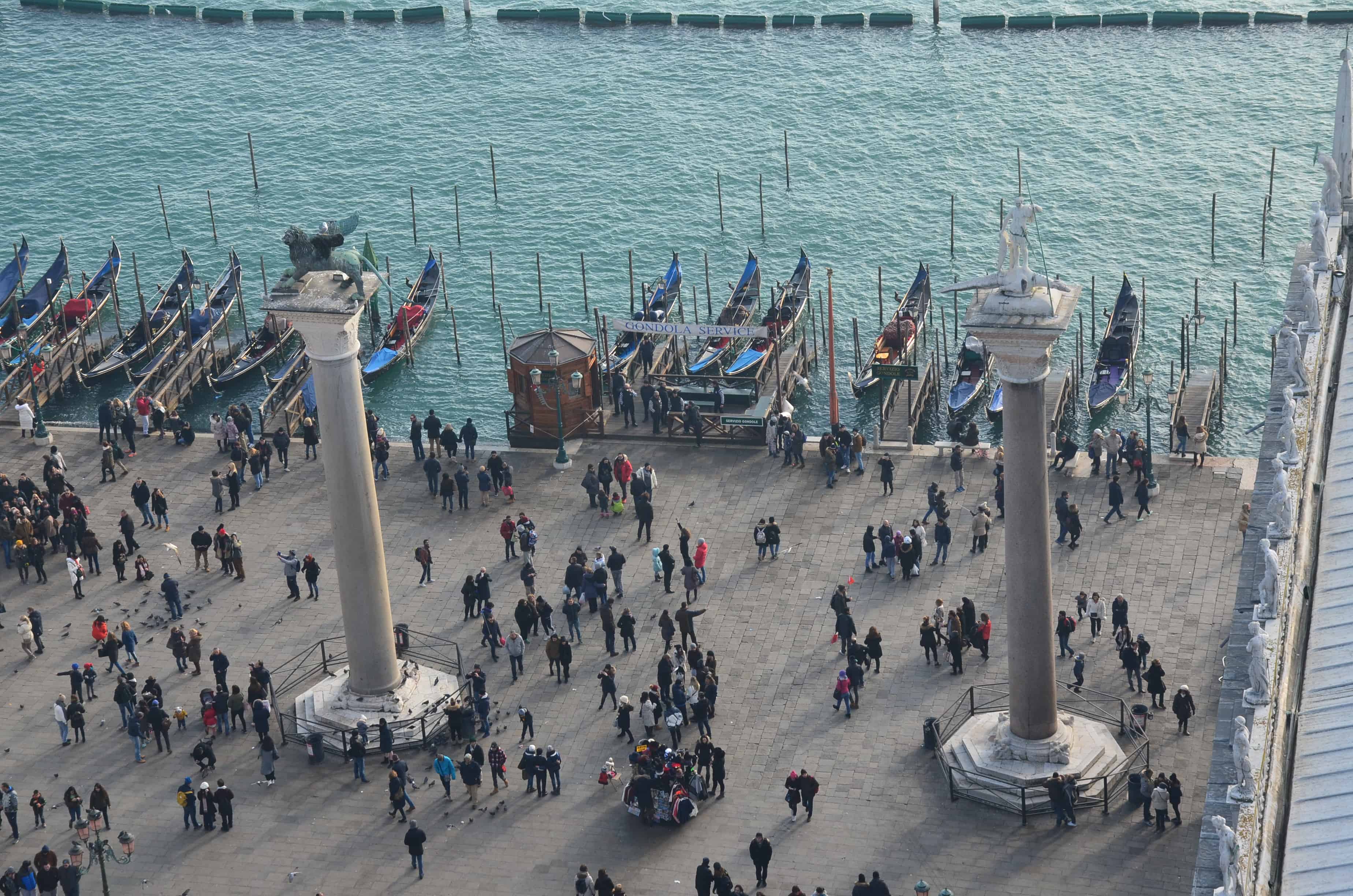 Columns of Saint Mark (left) and Saint Theodore (right) from Saint Mark's Campanile in Venice, Italy