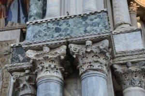 Corinthian capitals and marble from Constantinople at the Basilica di San Marco in Venice, Italy