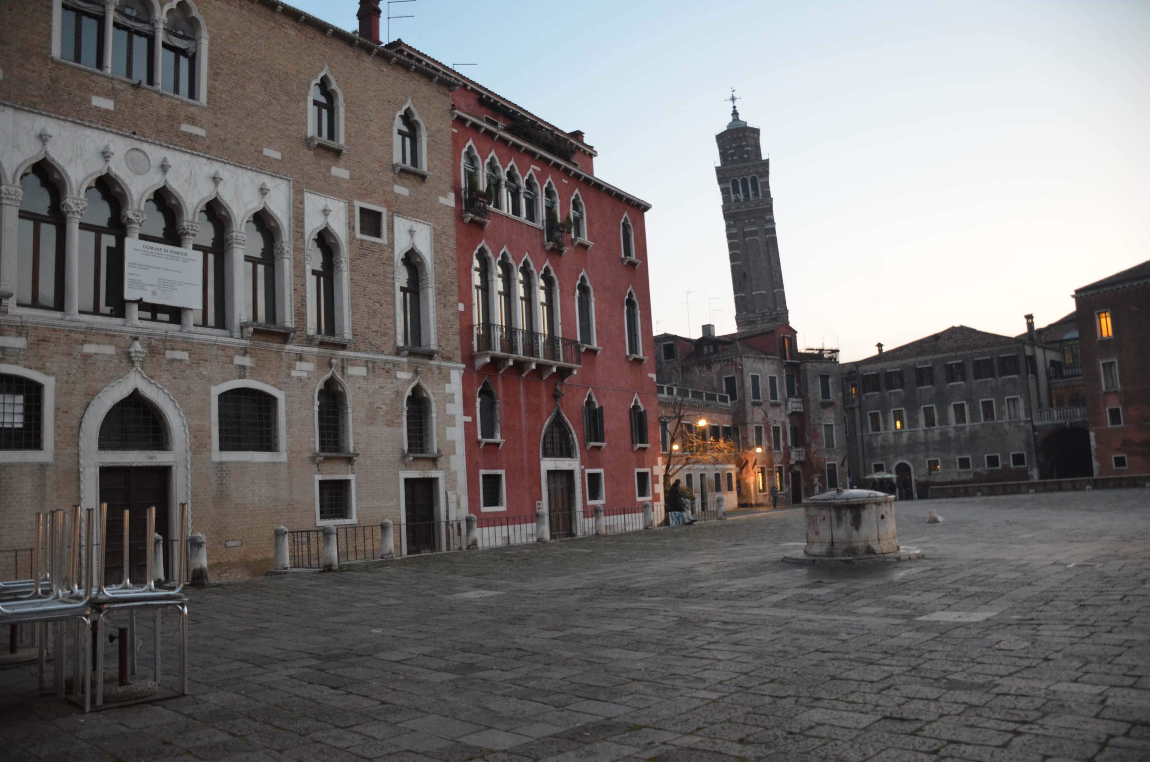 Palazzo Duodo (left) and the bell tower of the Church of Santo Stefano in Campo Sant'Anzolo in Venice, Italy