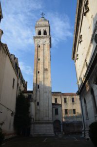 Bell tower at Chiesa di San Giorgio dei Greci in Venice, Italy