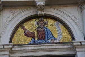 Mosaic of Christ above the entrance at Chiesa di San Giorgio dei Greci in Venice, Italy