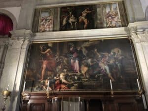 Christ expels the merchants from the temple by Giovanni Fumiani at Chiesa di San Rocco in Venice, Italy