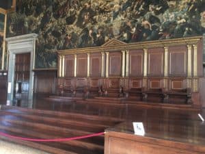 Doge's throne in the Sala del Maggior Consiglio in the Palazzo Ducale in Venice, Italy