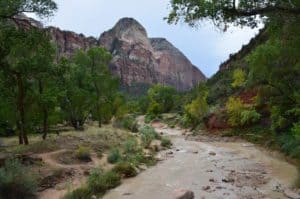 Crossing the Virgin River on the Emerald Pools Trail at Zion National Park in Utah