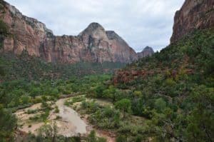 Zion Canyon from the trail on the Kayenta Trail at Zion National Park in Utah