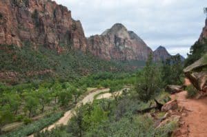 Zion Canyon from the trail on the Kayenta Trail at Zion National Park in Utah