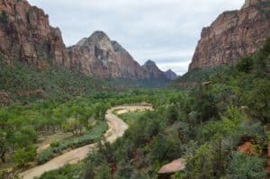 Zion Canyon from the trail on the Kayenta Trail at Zion National Park in Utah