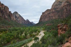 Zion Canyon from the trail on the Kayenta Trail at Zion National Park in Utah