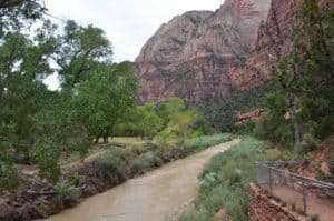 Crossing the Virgin River on the Kayenta Trail at Zion National Park in Utah