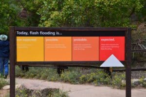 Flash flood warning on the Riverside Walk at Zion National Park in Utah