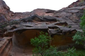 Rock hanging above the trail on the Riverside Walk at Zion National Park in Utah