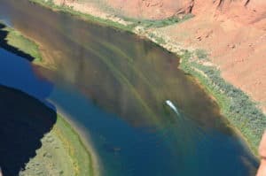 Looking down at the Colorado River at Horseshoe Bend at Glen Canyon National Recreation Area in Arizona
