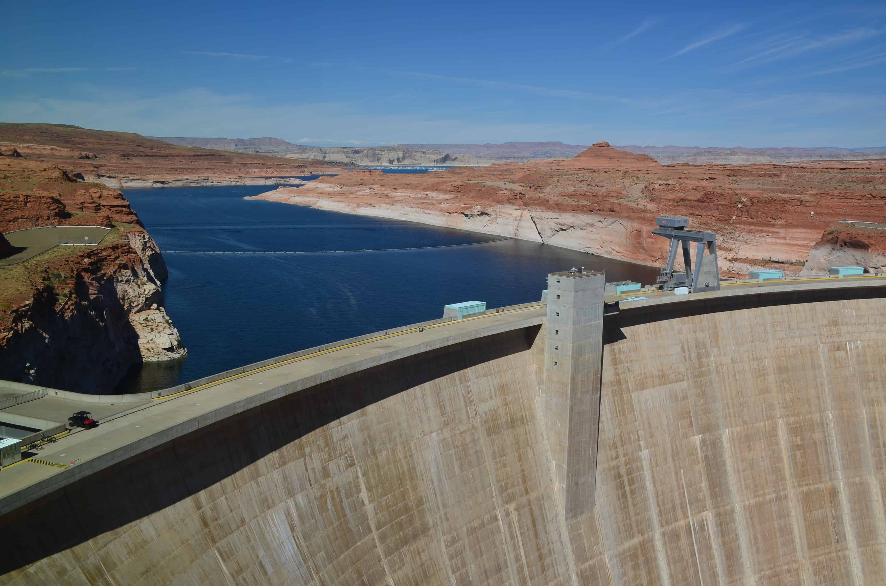 Looking over the top of Glen Canyon Dam to Lake Powell at Glen Canyon National Recreation Area in Arizona