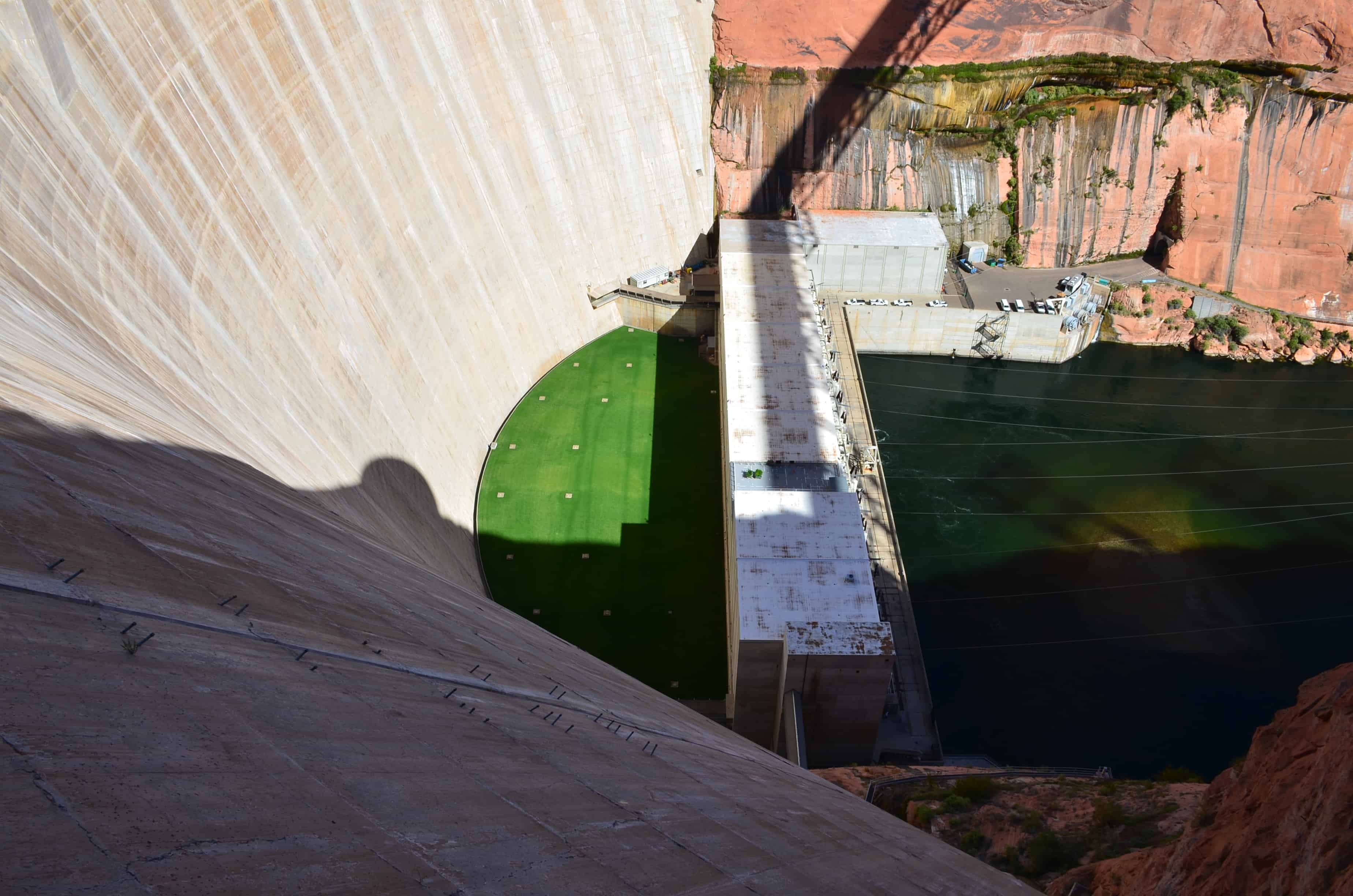 Power plant and grass field at Glen Canyon Dam at Glen Canyon National Recreation Area in Arizona