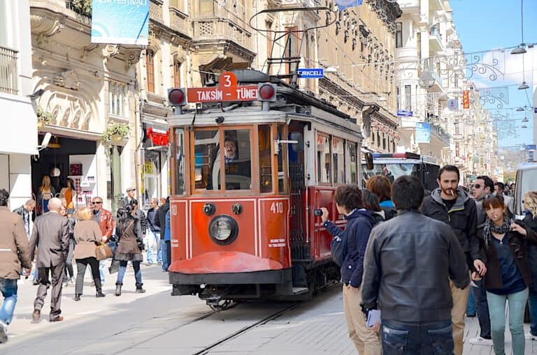 Nostalgic tram on Istiklal Street in Istanbul, Turkey