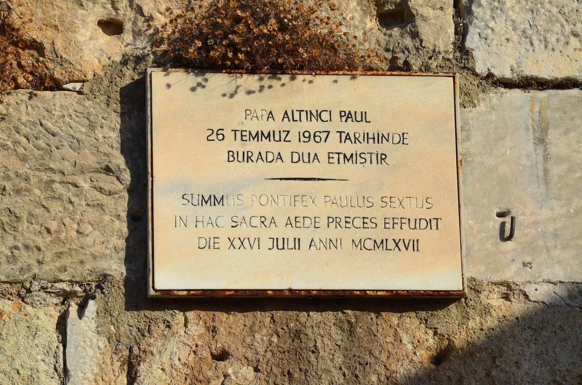 Plaque commemorating the visit of Pope Paul VI at the Basilica of Saint John in Selçuk, Turkey