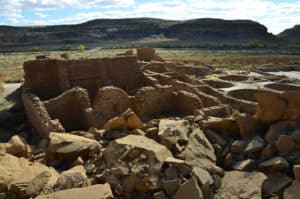 Walking around the back of the site at Pueblo Bonito at Chaco Culture National Historical Park in New Mexico