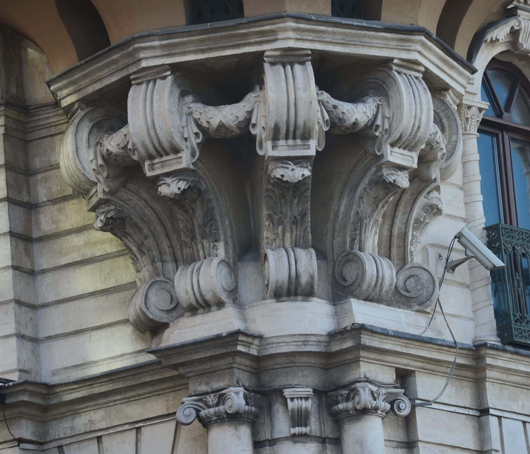 Ornamental stonework on the Baudouy Building in Tepebaşı, Istanbul, Turkey