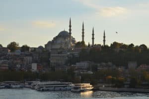 View of Süleymaniye Mosque from the Golden Horn Metro Bridge in Istanbul, Turkey
