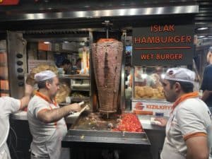 Döner and ıslak burger stand outside Kızılkayalar on Istiklal Street in Istanbul, Turkey