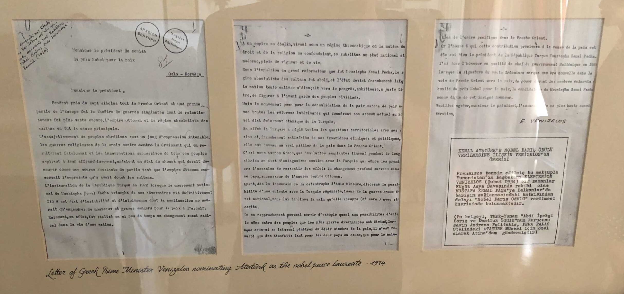 Letter from Greek Prime Minister Eleftherios Venizelos nominating Atatürk for the Nobel Peace Prize in 1934
