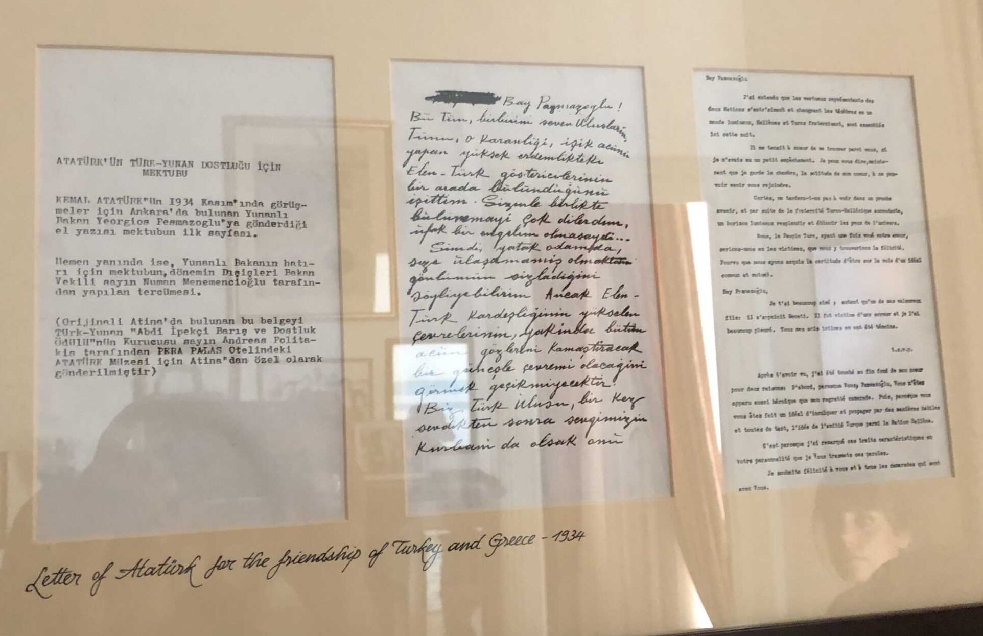 Letter written by Atatürk in 1934 for the friendship of Turkey and Greece