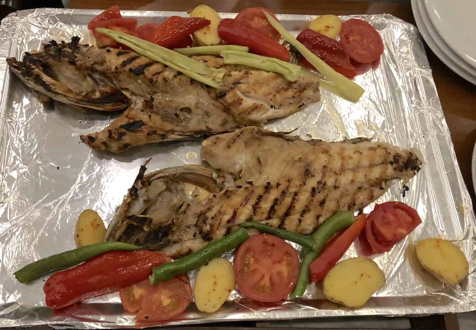 Grilled lagos fish at Villa Bosphorus Beylerbeyi in Istanbul, Turkey