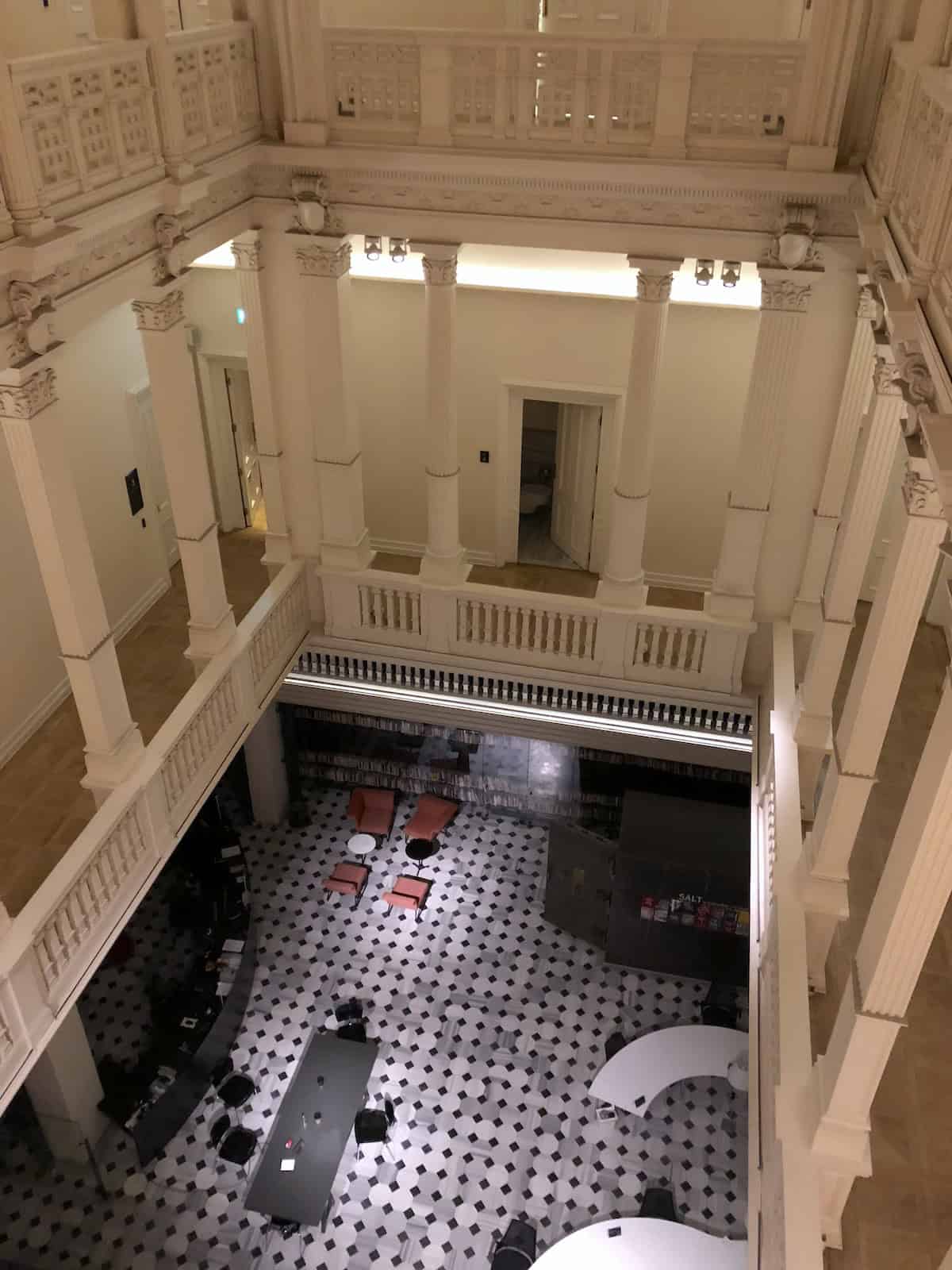 Looking down in the atrium of the Ottoman Bank Building on Banks Street (Bankalar Caddesi) in Istanbul, Turkey