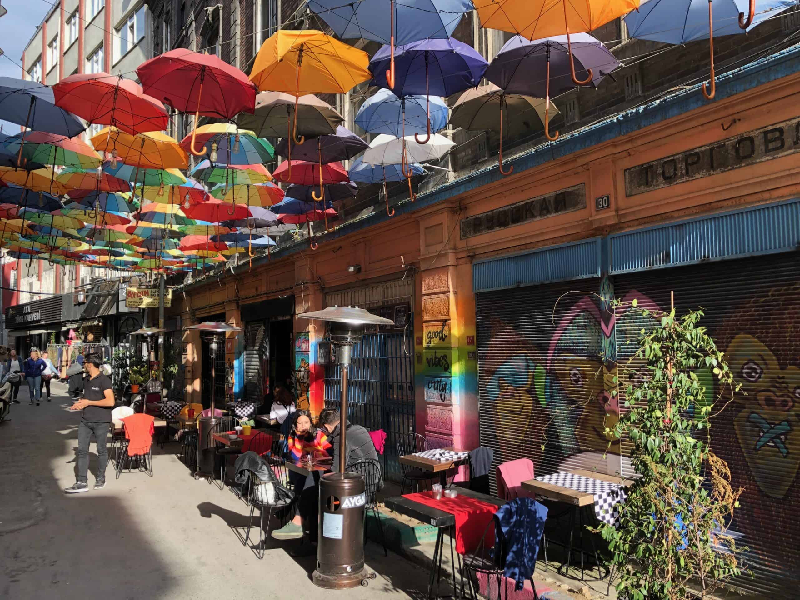 Umbrellas covering a street in Karaköy, Istanbul, Turkey