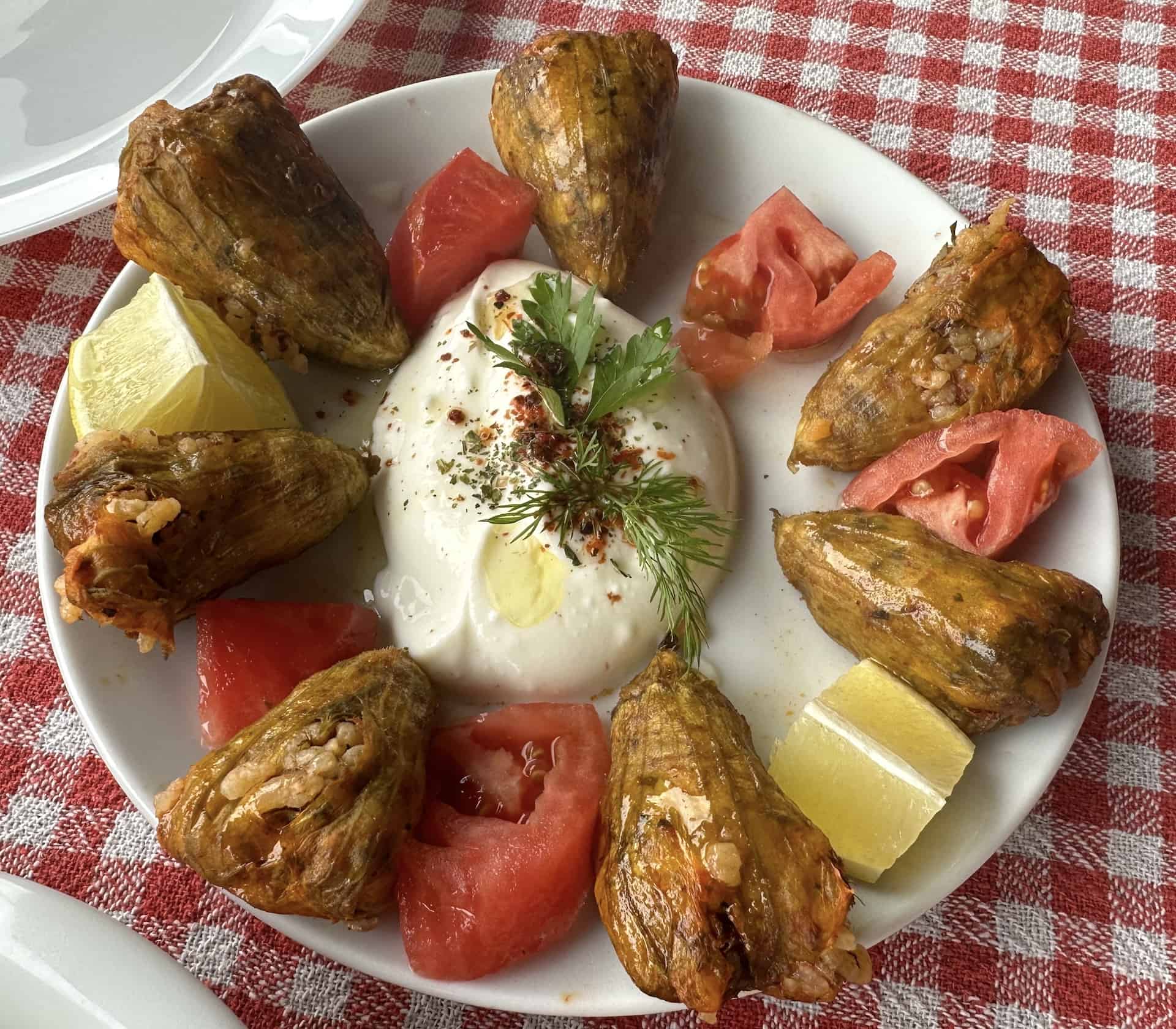 Stuffed zucchini flowers at Panorama Restaurant in Şirince, Turkey