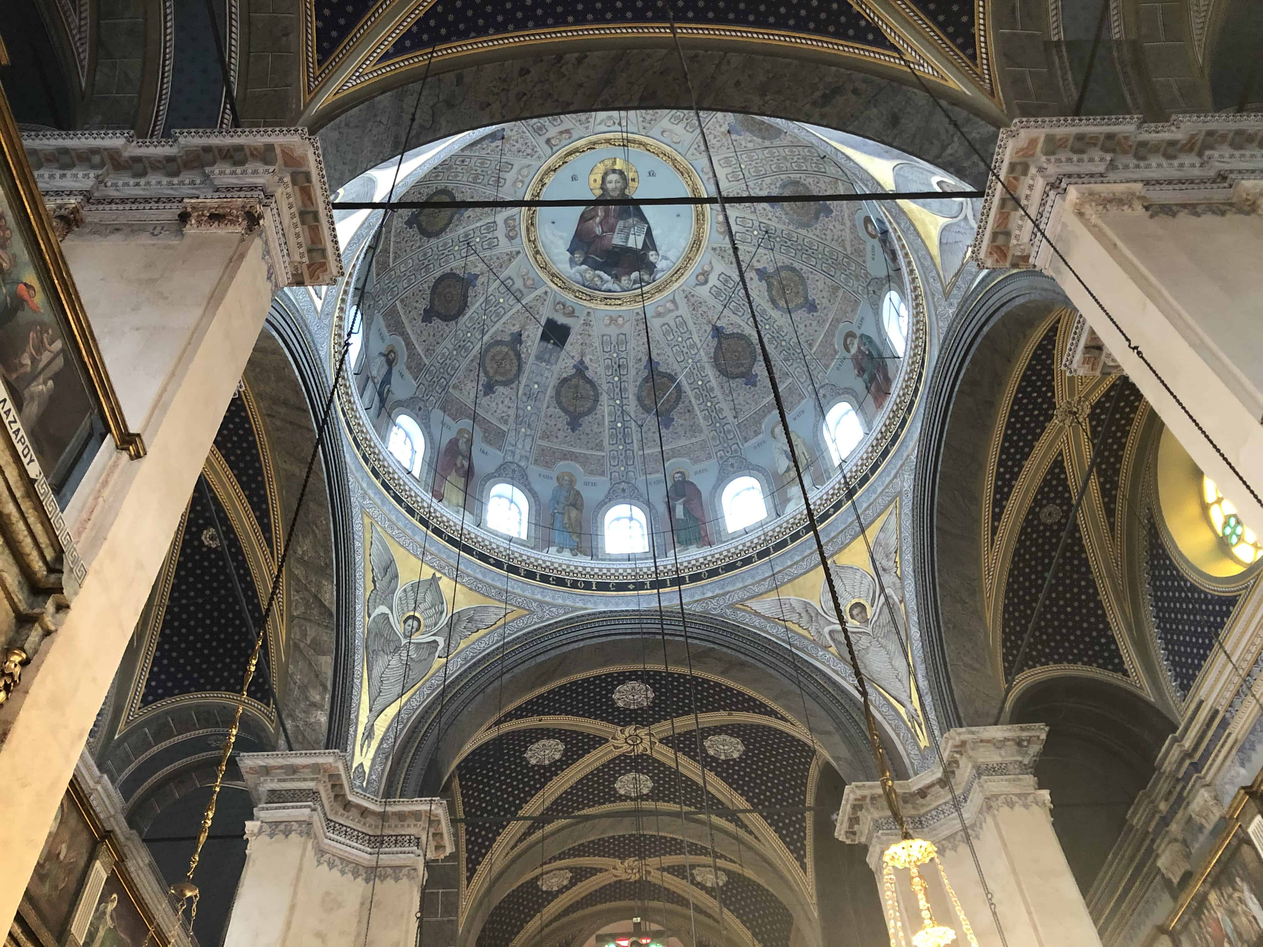 Looking up at the dome of Agia Triada Greek Orthodox Church in Taksim, Istanbul, Turkey