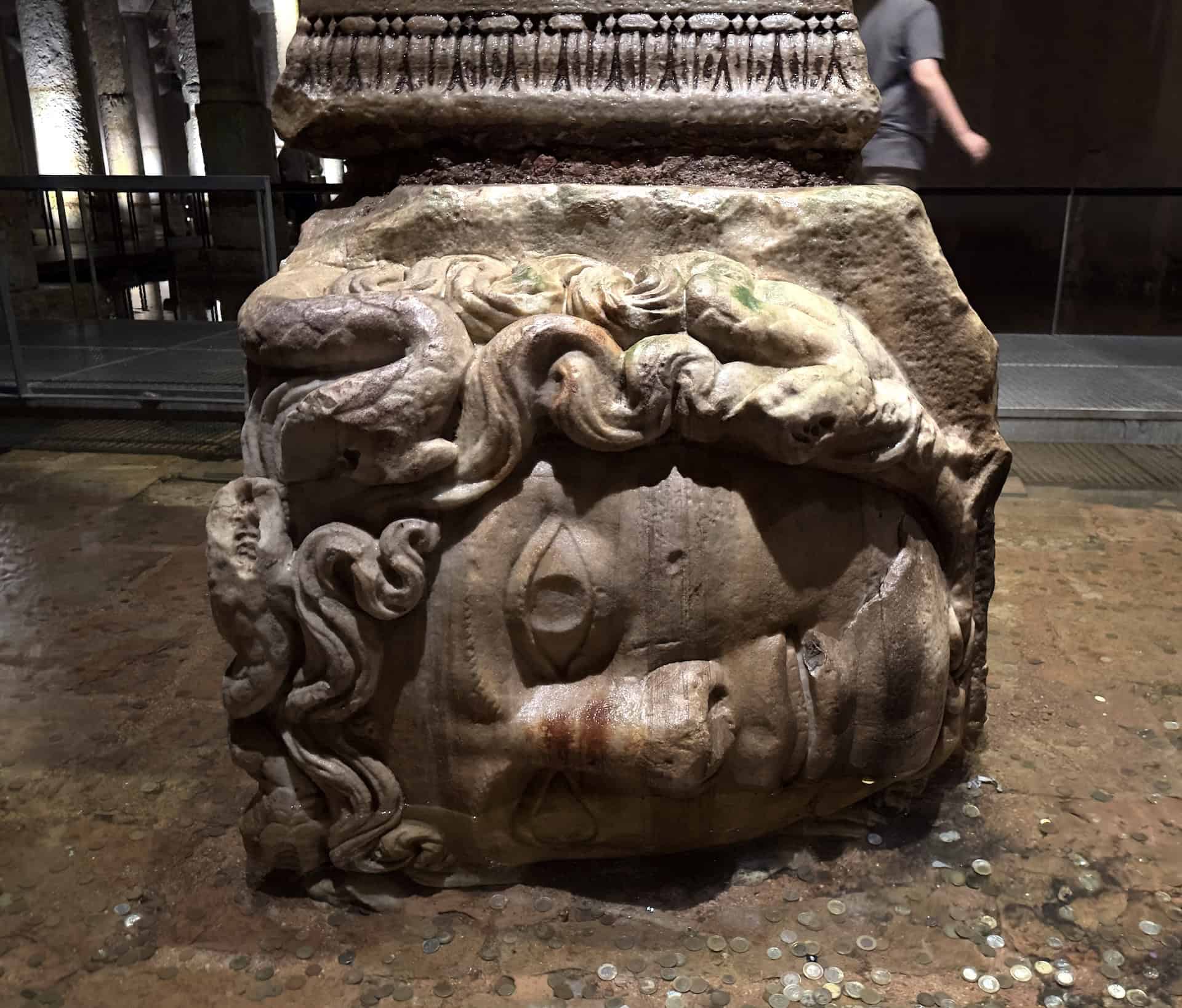 Sideways Medusa head in the Basilica Cistern in Istanbul, Turkey