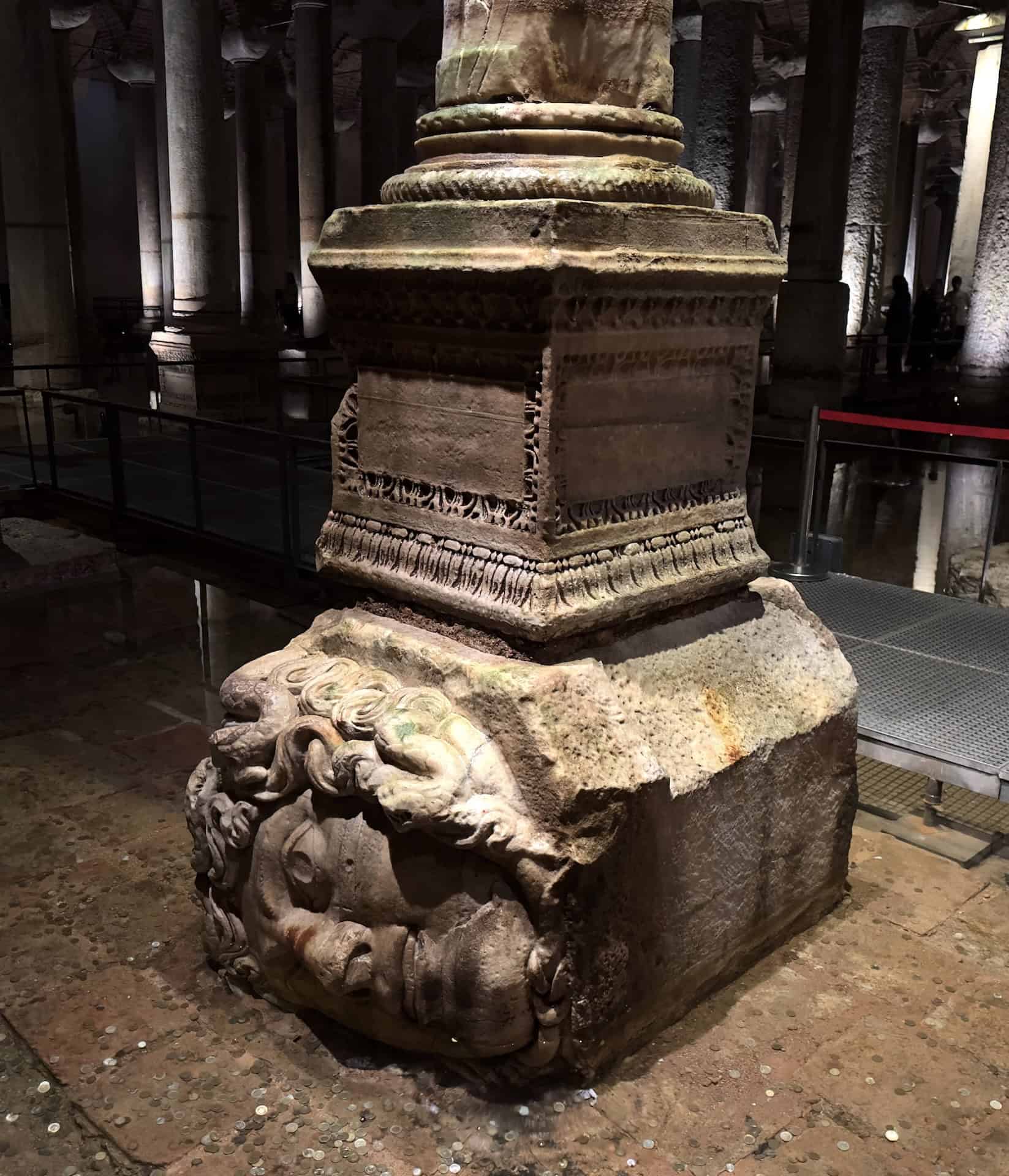 Sideways Medusa head in the Basilica Cistern in Istanbul, Turkey