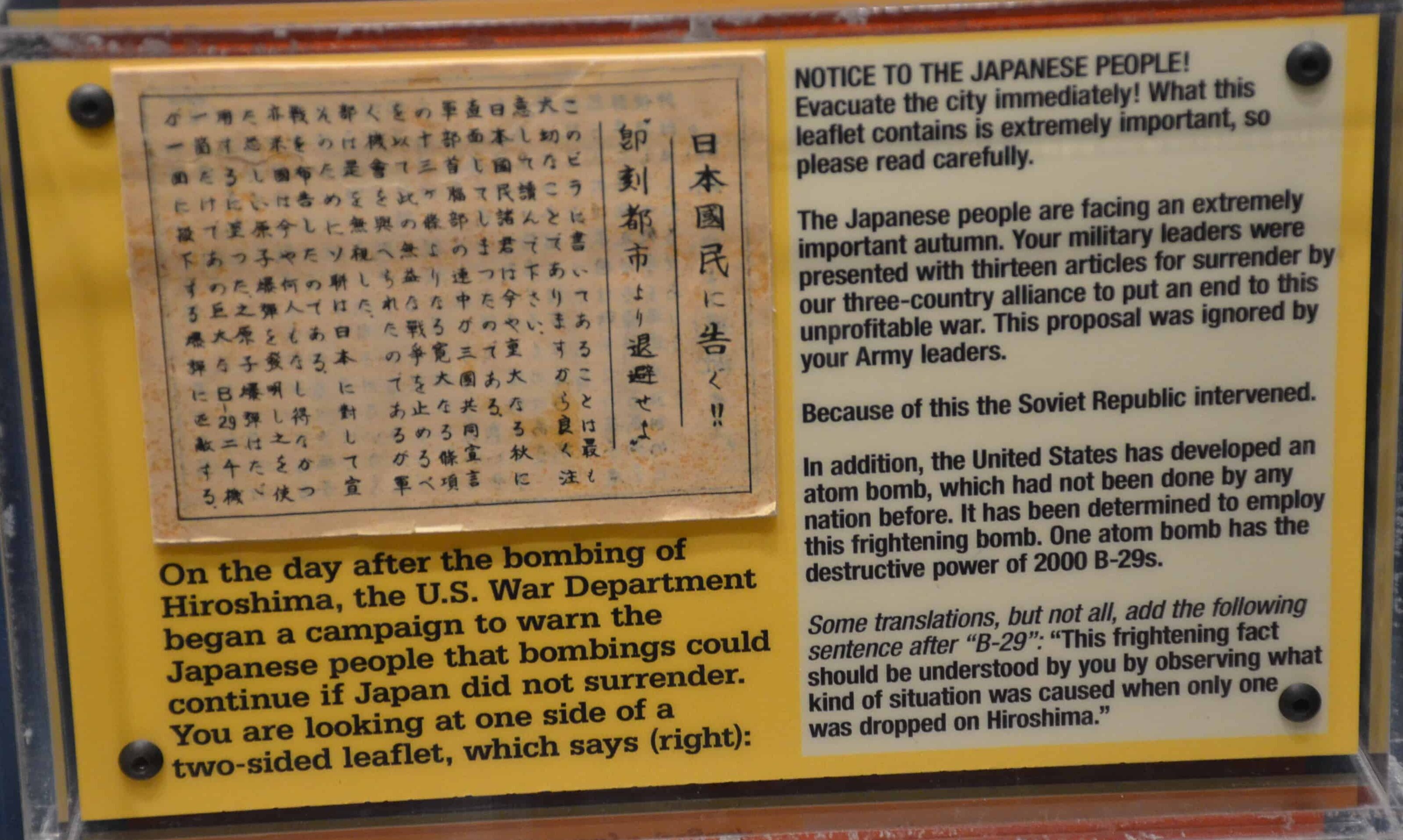 Leaflet dropped in Japan after the bombing of Hiroshima at the Bradbury Science Museum in Los Alamos, New Mexico