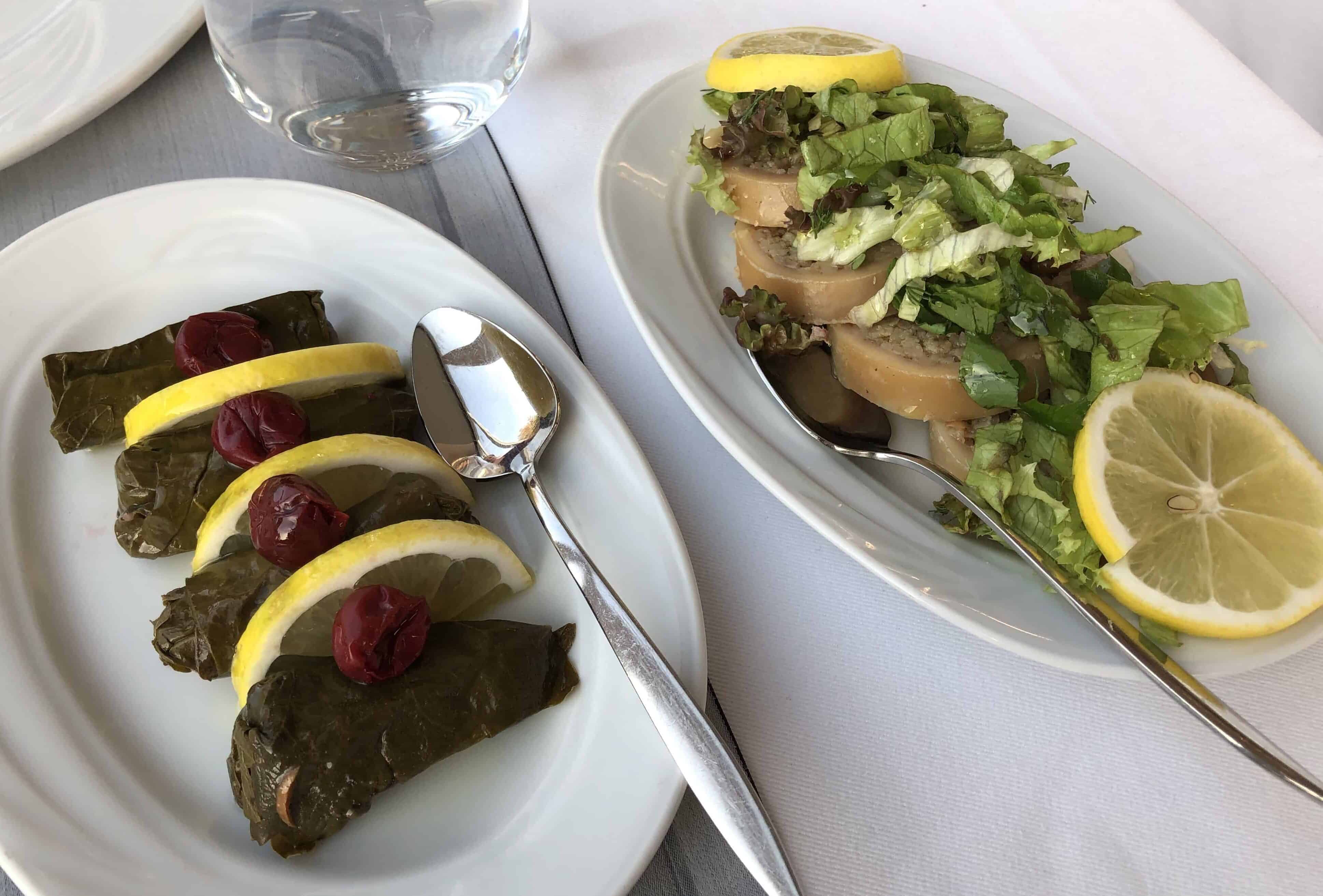 Stuffed grape leaves (left) and stuffed calamari (right) at Matbah in Sultanahmet, Istanbul, Turkey