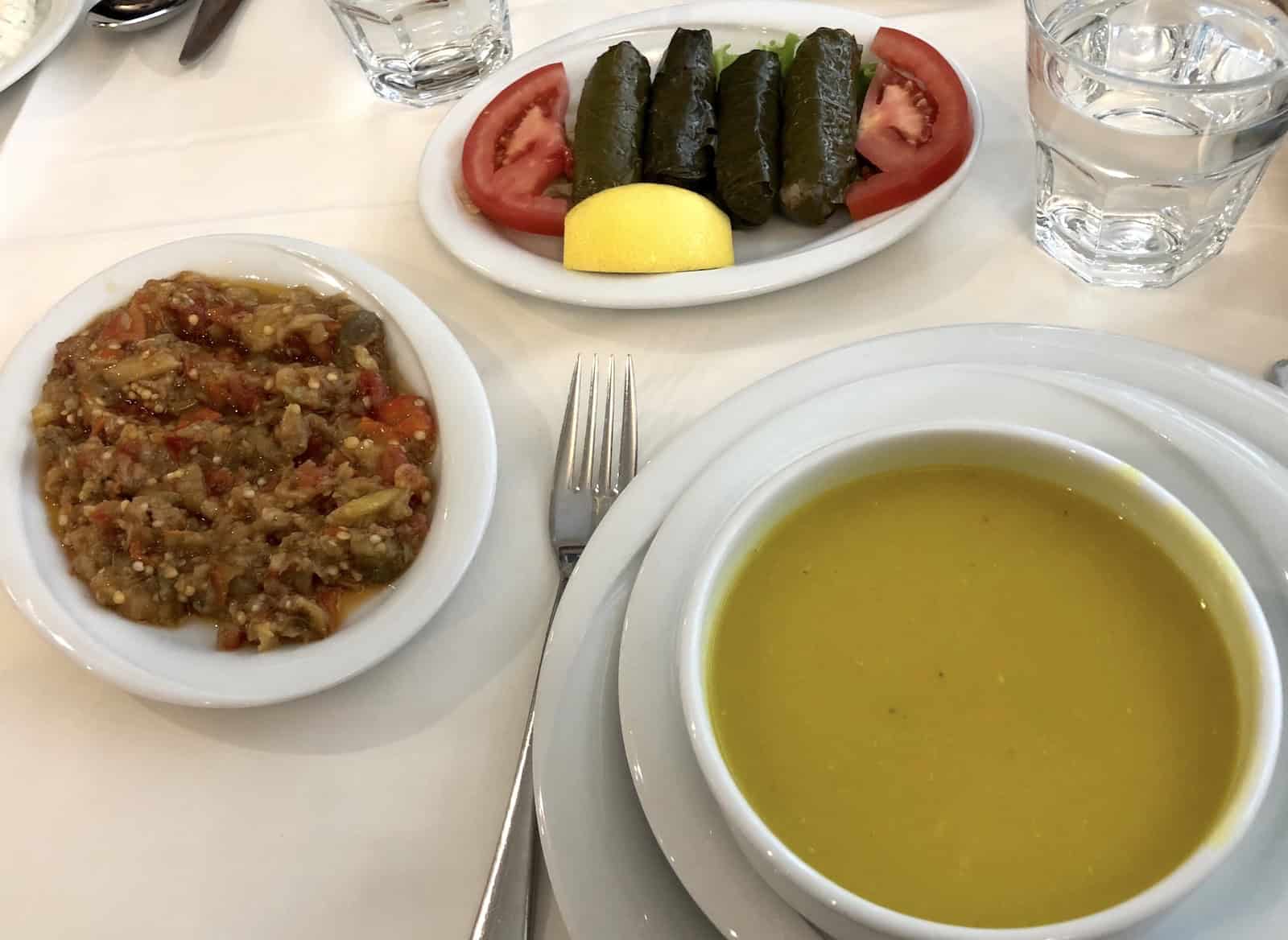 Soup and meze dishes at Kebapçı Mahmut in Fatih, Istanbul, Turkey