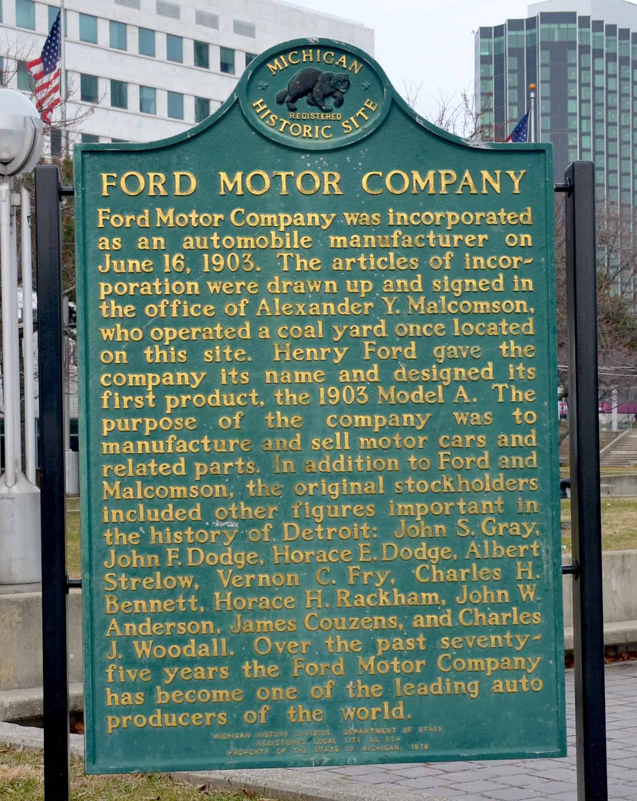 Ford Motor Company historical marker at Hart Plaza in Detroit, Michigan