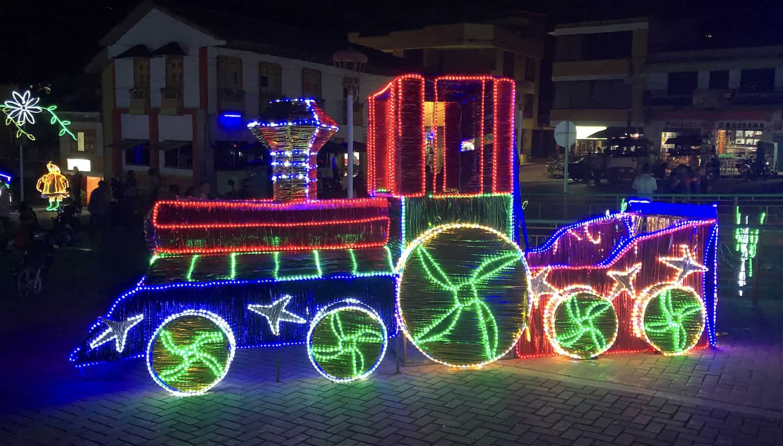 Train of Christmas lights in Mistrató, Risaralda, Colombia