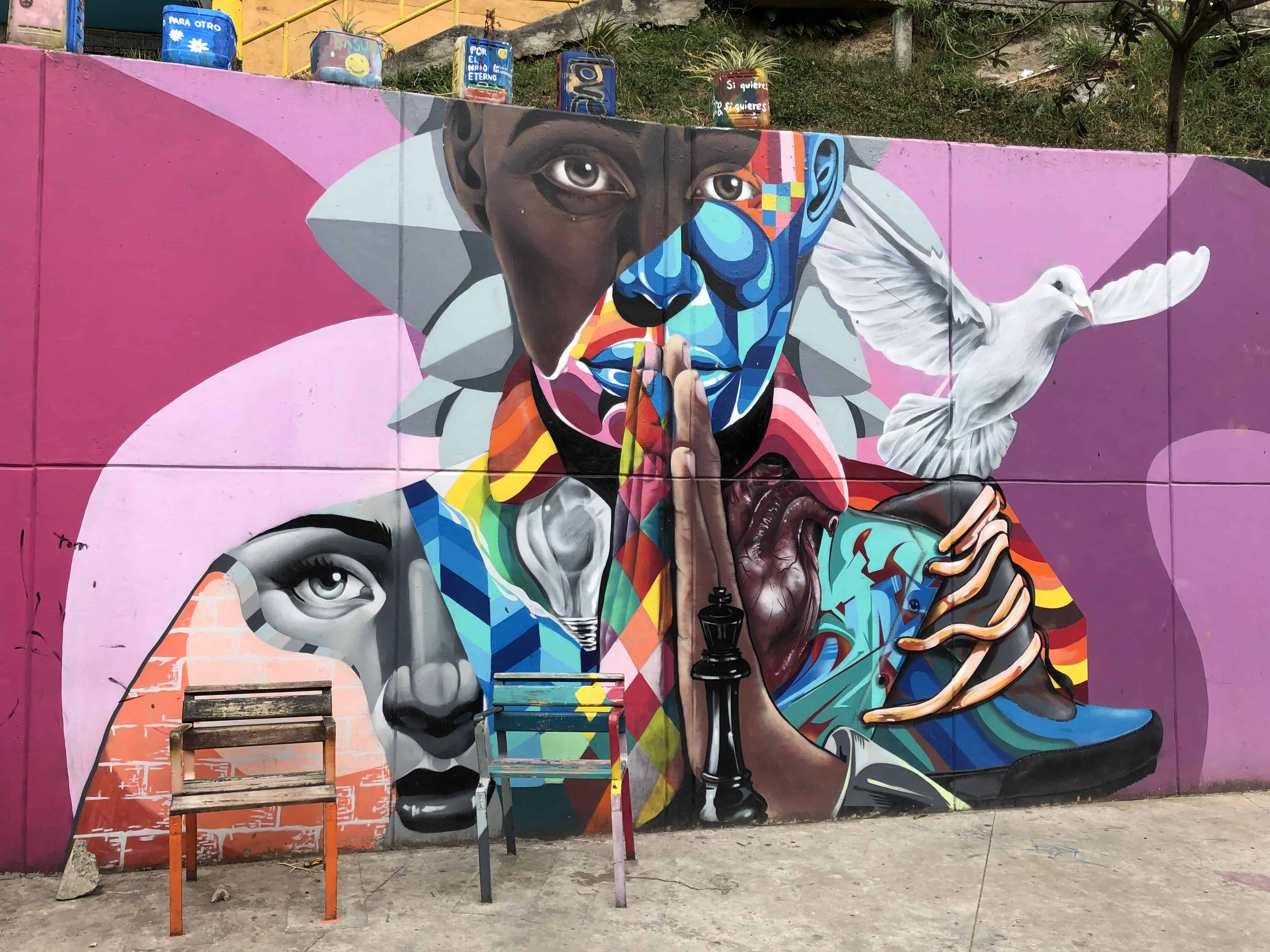 Mural with painted chairs in Comuna 13, Medellín, Antioquia, Colombia