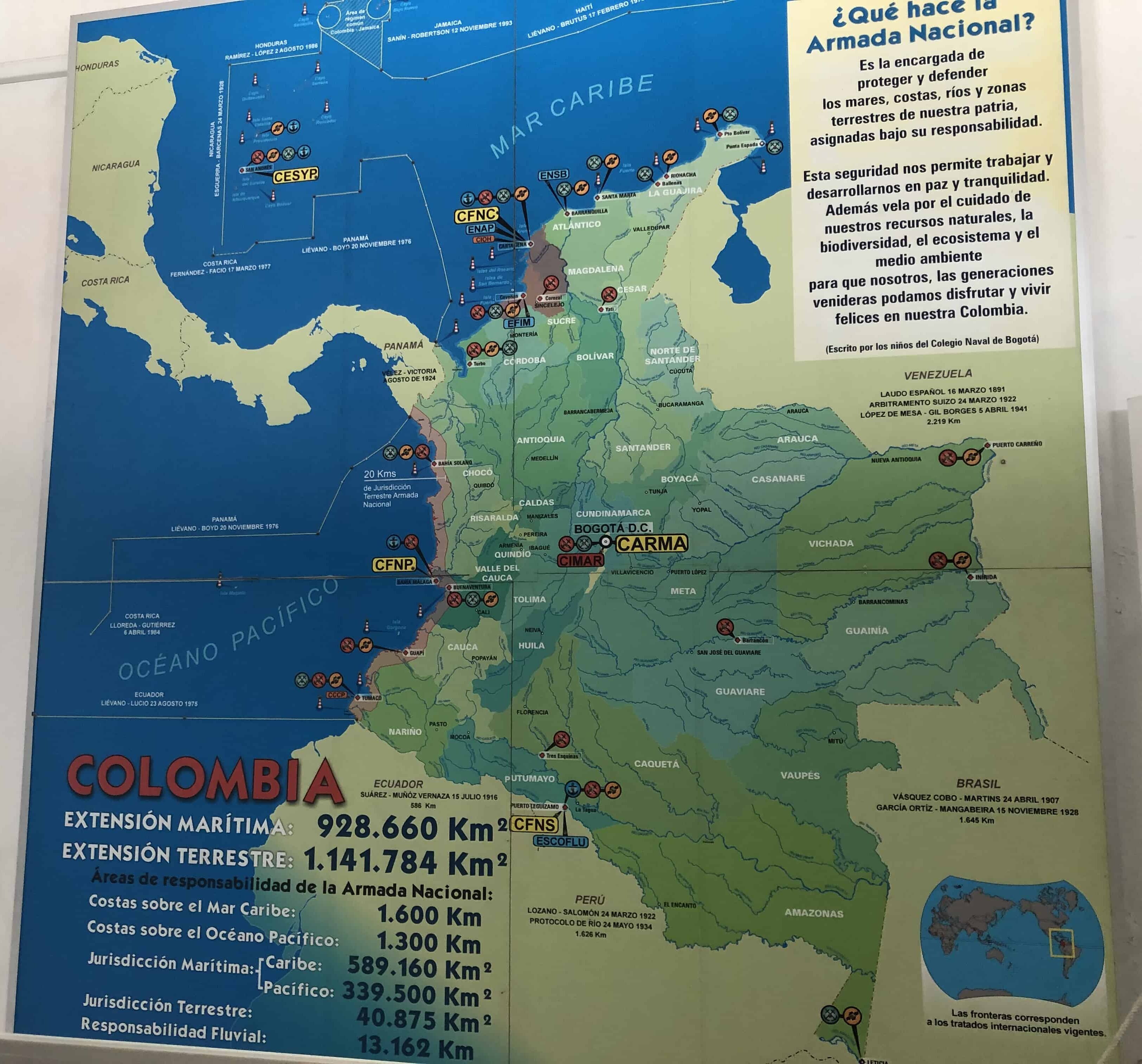 Map of Colombian naval bases at the Caribbean Naval Museum in Cartagena, Colombia