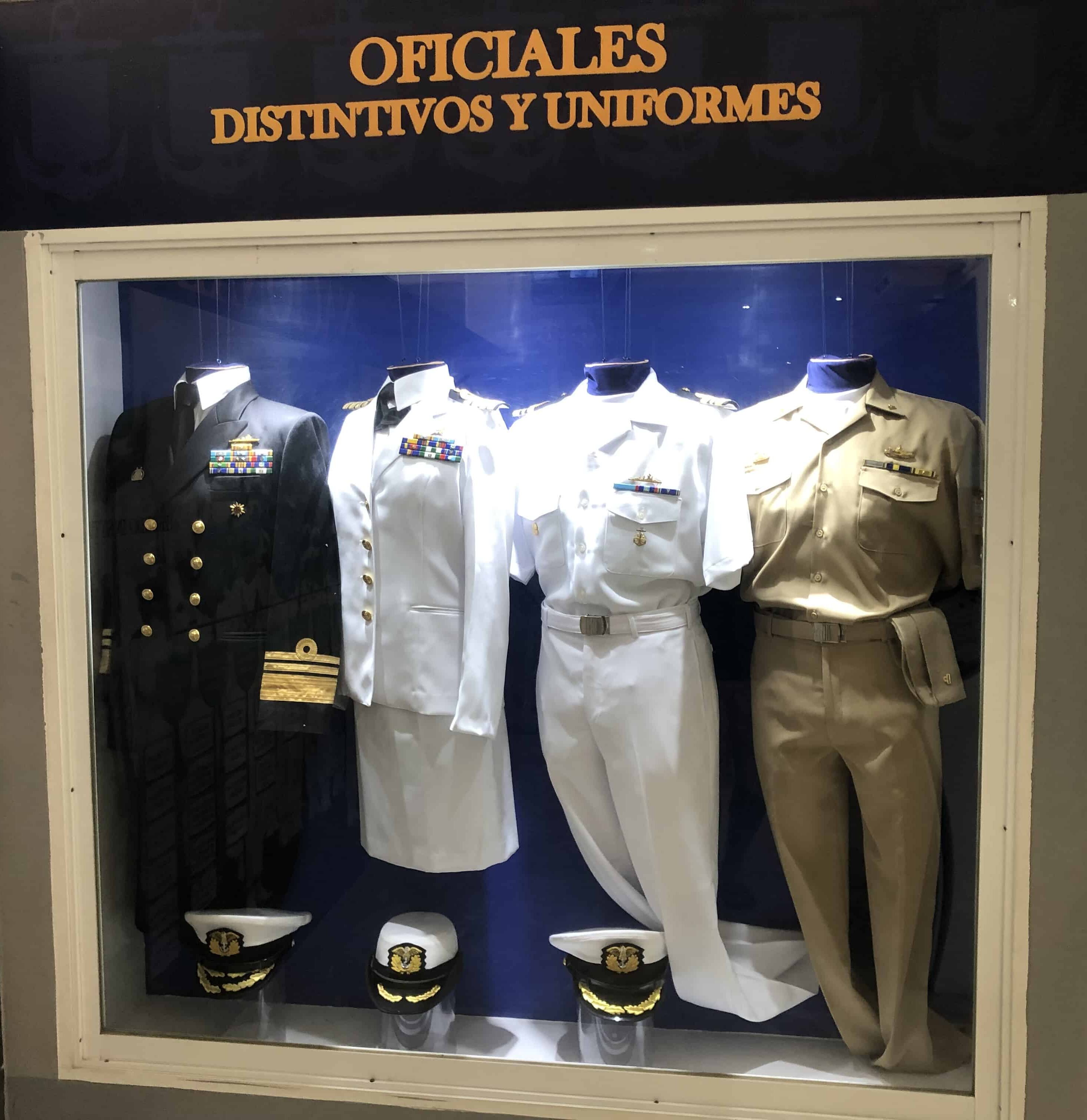 Colombian naval officer uniforms at the Caribbean Naval Museum in Cartagena, Colombia