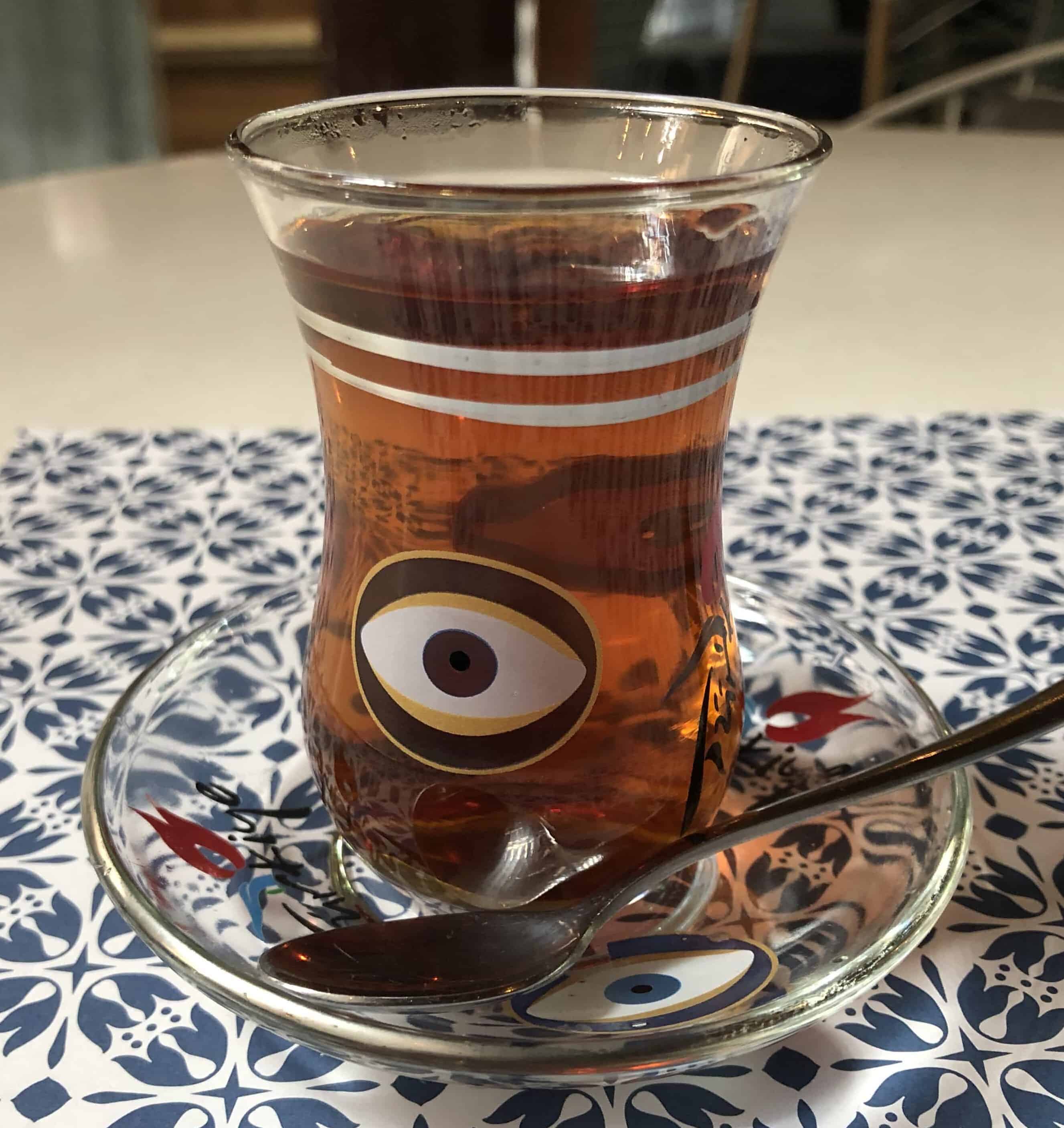 Turkish tea in a glass at Lezzet Cafe Turco in El Poblado, Medellín, Antioquia, Colombia