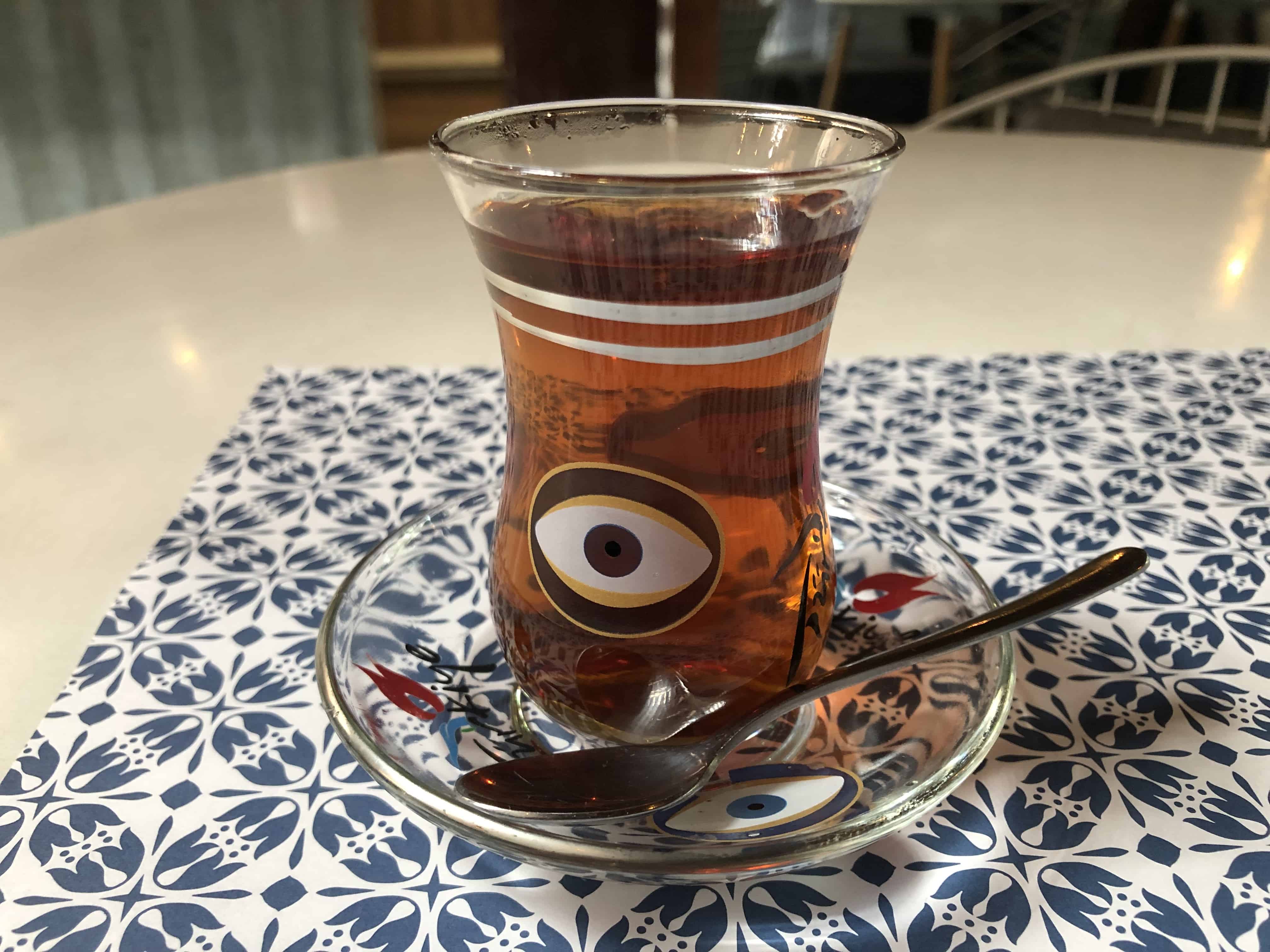 Turkish tea in a glass at Lezzet Cafe Turco in El Poblado, Medellín, Antioquia, Colombia