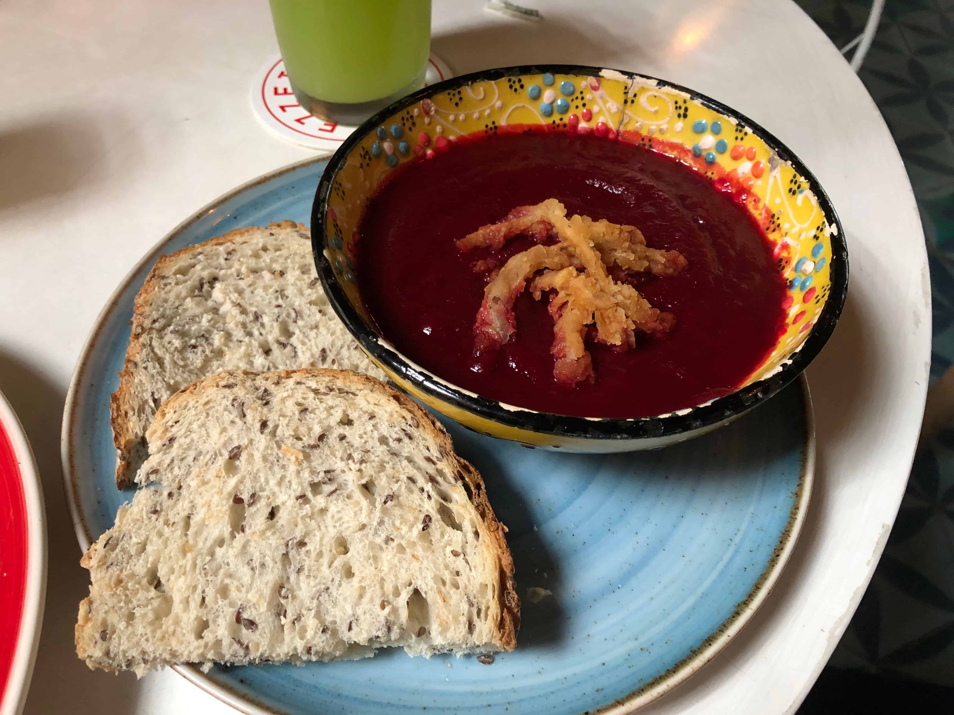 Carrot and beet soup at Lezzet Cafe Turco in El Poblado, Medellín, Antioquia, Colombia