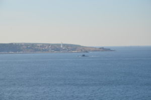 View of Rumeli Feneri and a Turkish submarine from Anadolu Feneri in Istanbul, Turkey
